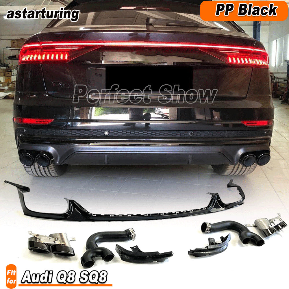 Fit for Audi Q8 SQ8 2019-2022 Black Rear Bumper Diffuser Lip W/Exhaust Trim Tips