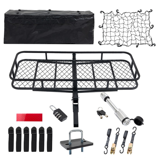 Durable trailer with hanging rack, folding cargo basket, and cargo netting