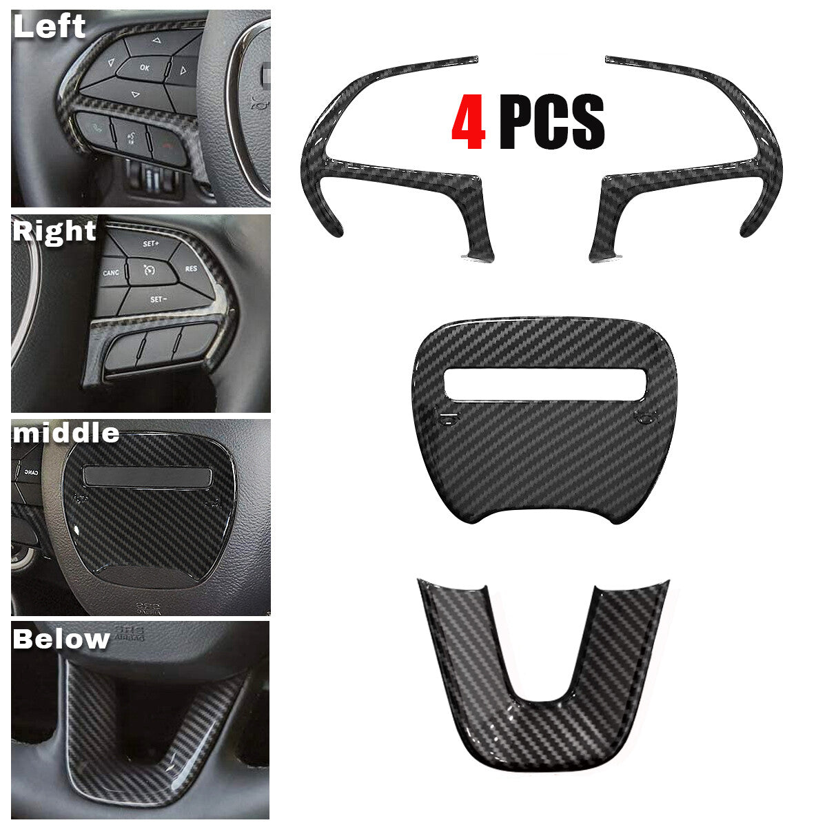 4PCS For 15-20 for Dodge Charger Carbon Fiber Steering Wheel Cover Trim Stickers