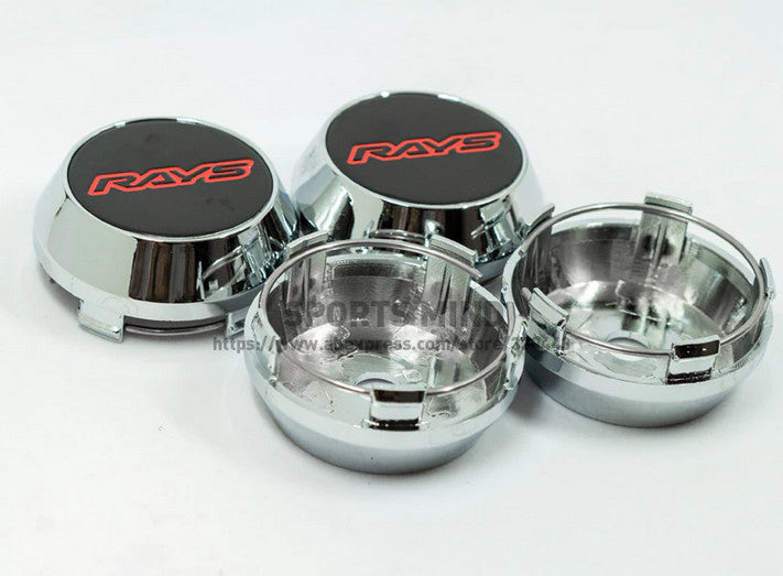 Brand new 4-piece set of 60mm ray wheel caps, rim center caps, badges, black and red chrome