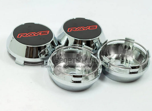 Brand new 4-piece set of 60mm ray wheel caps, rim center caps, badges, black and red chrome