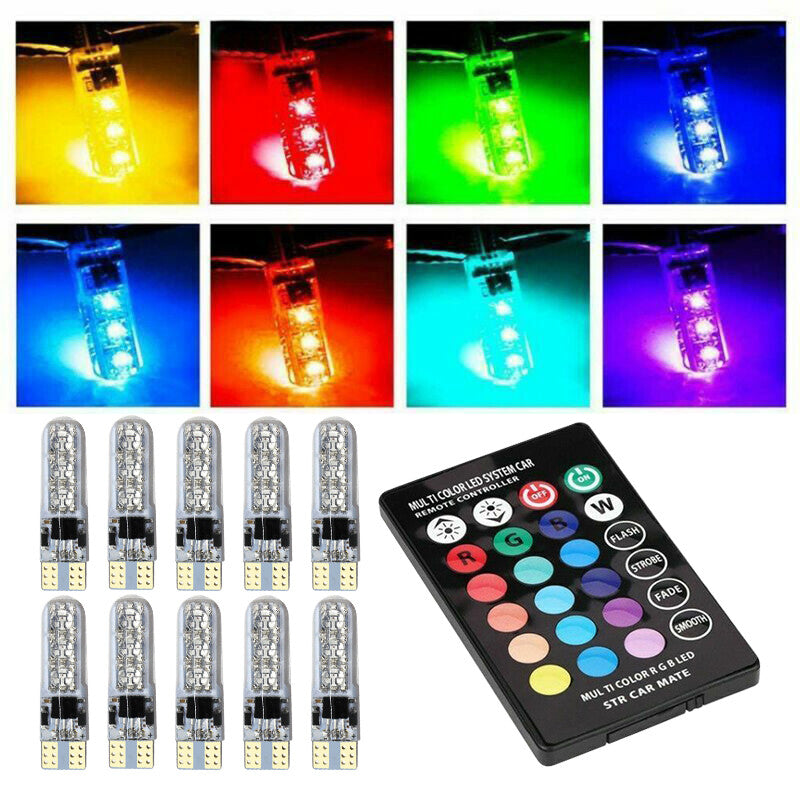 10 T10 194 168 RGB Multicolor LED Bulbs with RF Remote Control Car Parking Lights