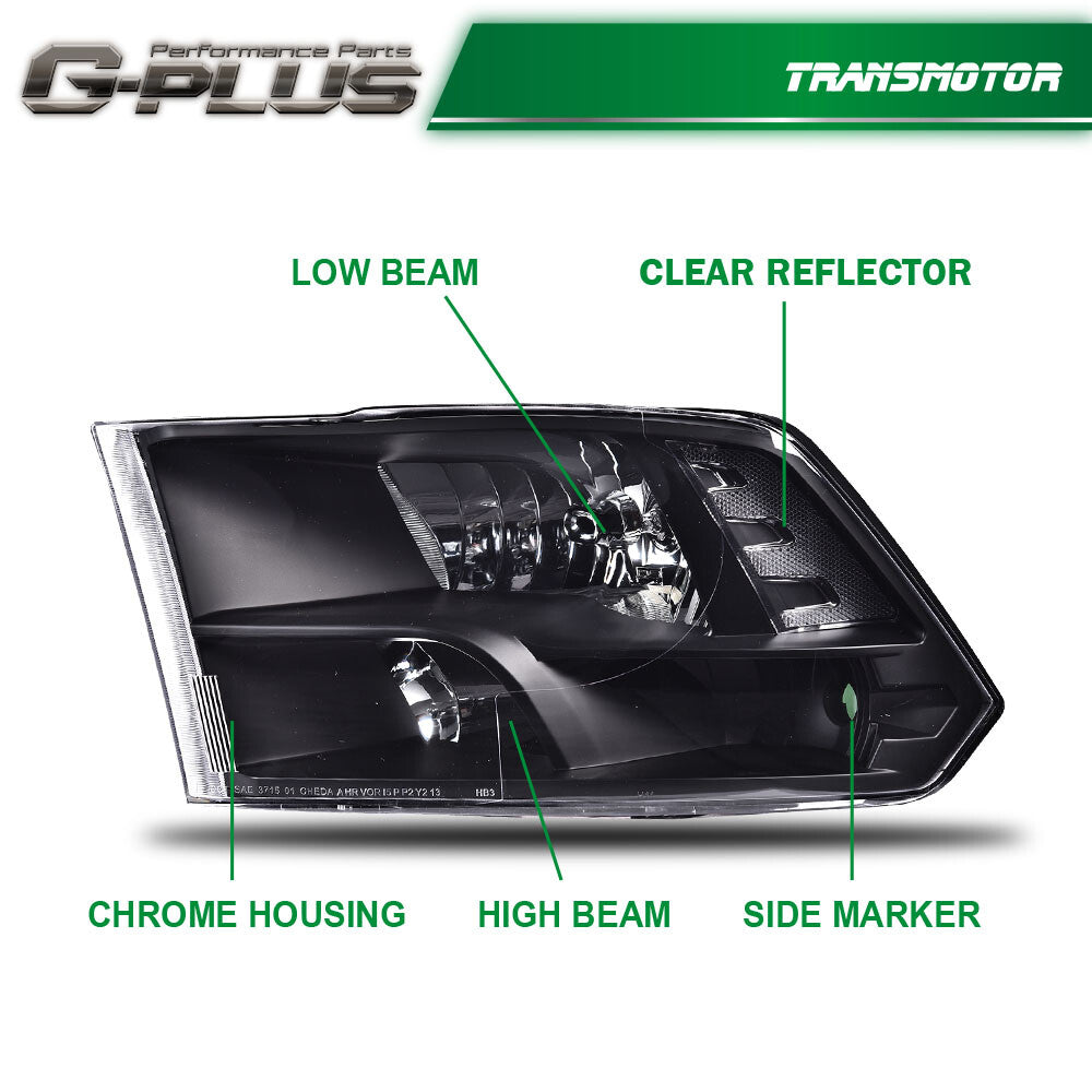 Fit For 2009-2012 for Ram 1500 2500 3500 Black Housing Clear Corner Headlights Pair