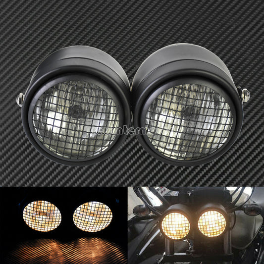Grid Universal Twin Headlight Motorcycle Double Dual Lamp Street Fighter Racer