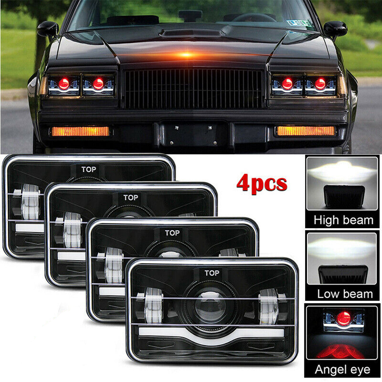 4pcs 4x6 LED Headlights Hi/Lo Beam for Chevy C10 C20 C30 Camaro EI C5500 Kodiak