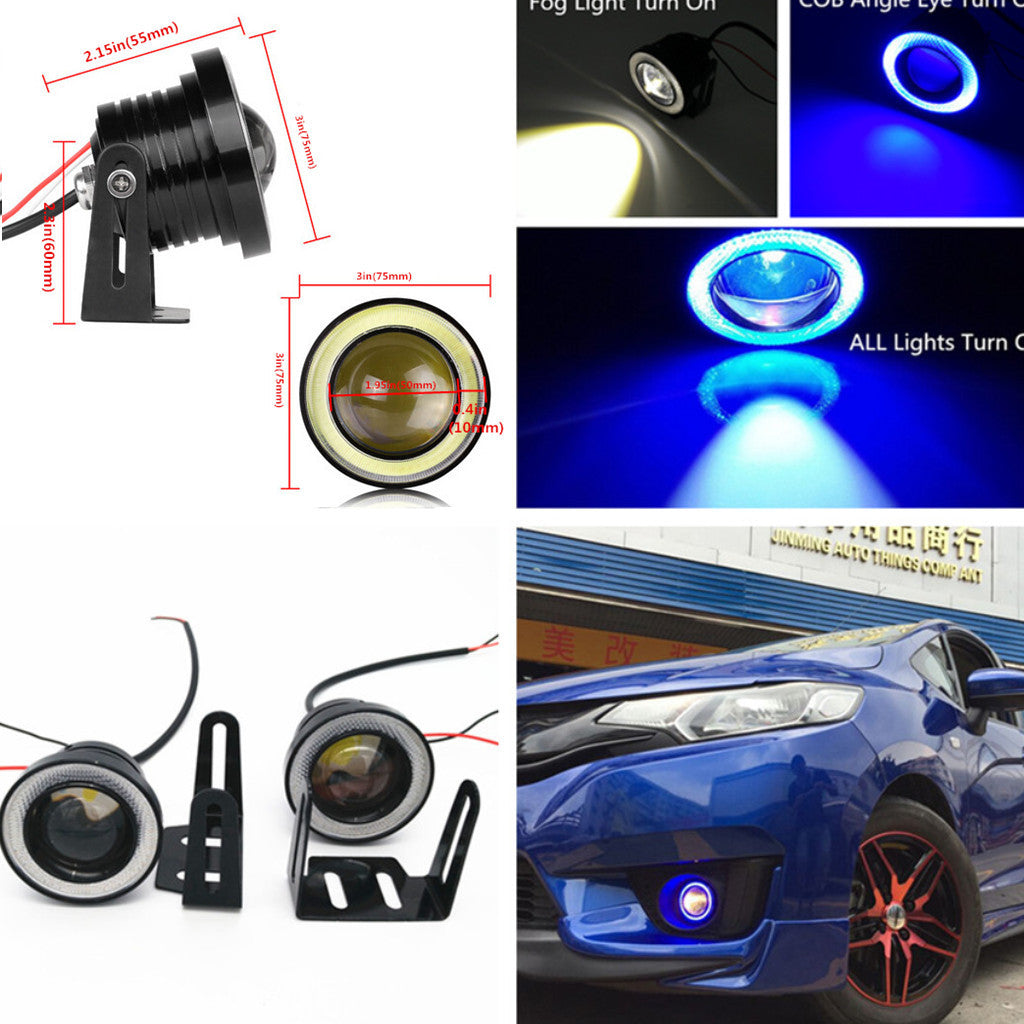 Car Angel Eye LED COB Lamp DRL Blue Halo Ring Hawkeye 2Pc 3IN Fog Driving Light