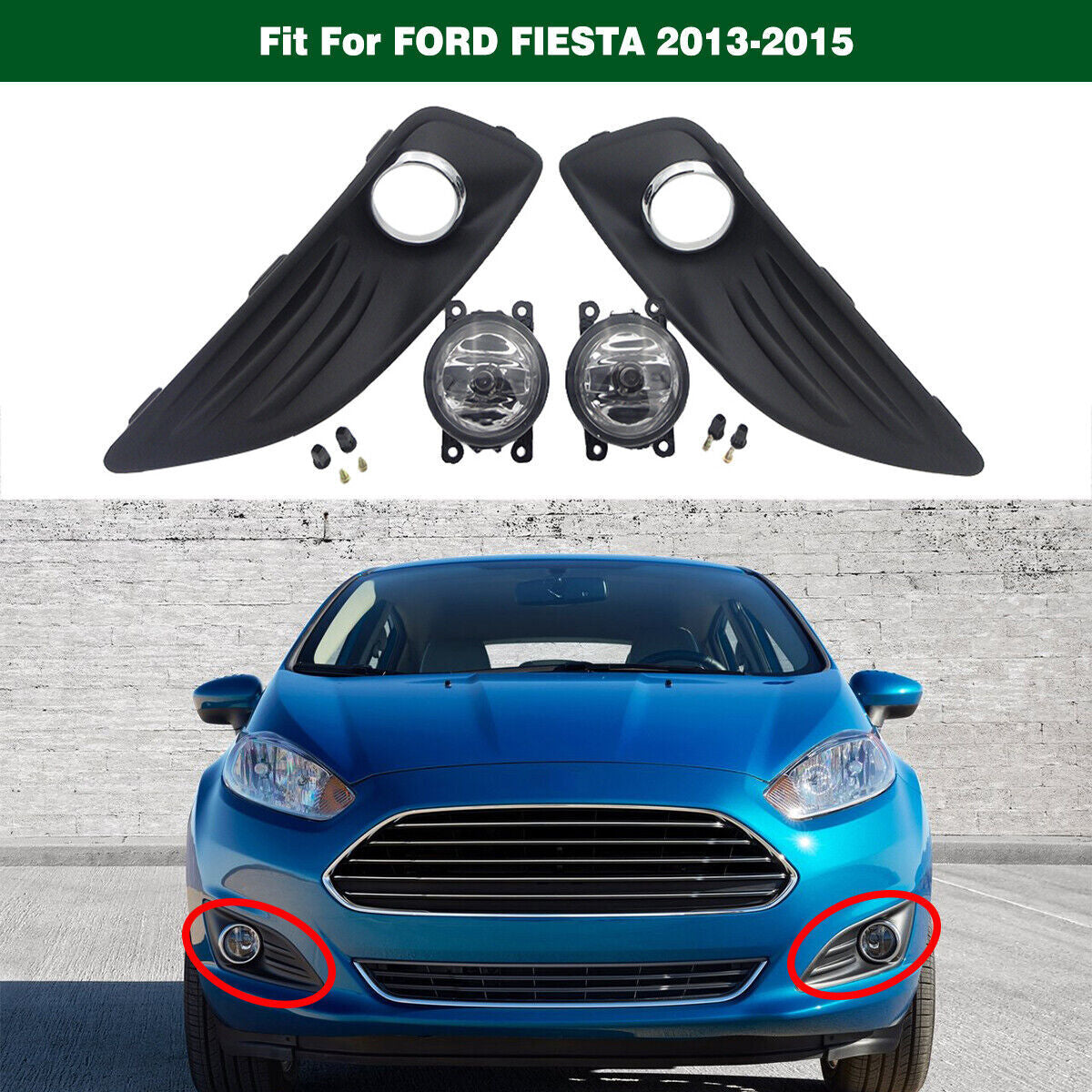 LHR Clear Lens Driving Fog Lamps Lights W/Covers Fit for Ford Fiesta 2013-2015