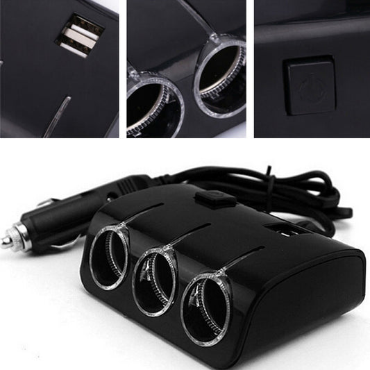 Car 3 Way Black Power Adapter Splitter Dual USB Charger Cigarette Lighter Socket
