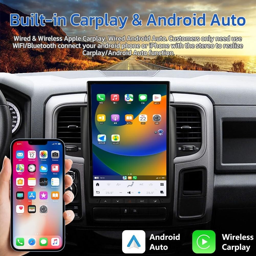 14.4 Android 13 for Tesla Screen Carplay Gps Radio 8+128GB for Dodge for Ram 2013-2018