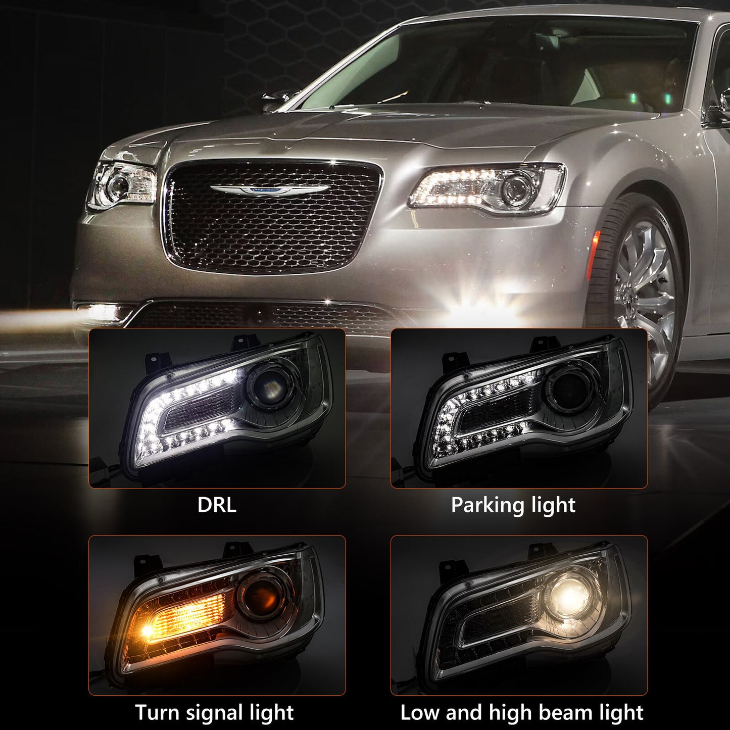 2015-2023 for Chrysler 300 Headlights LHRH Paired Chrome Halogen LED DRL Headlights