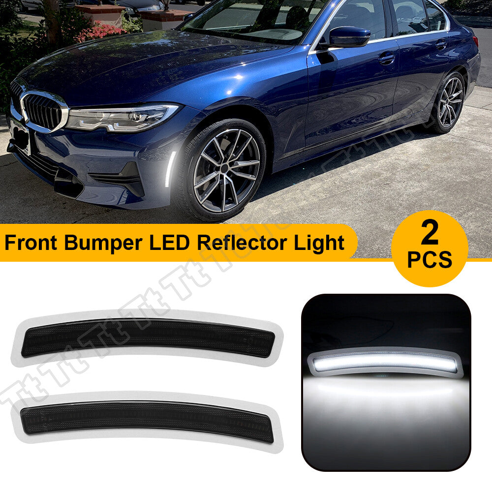 White LED front bumper reflector lights for 2019-23 for BMW 3 Series G20 330i sedan.