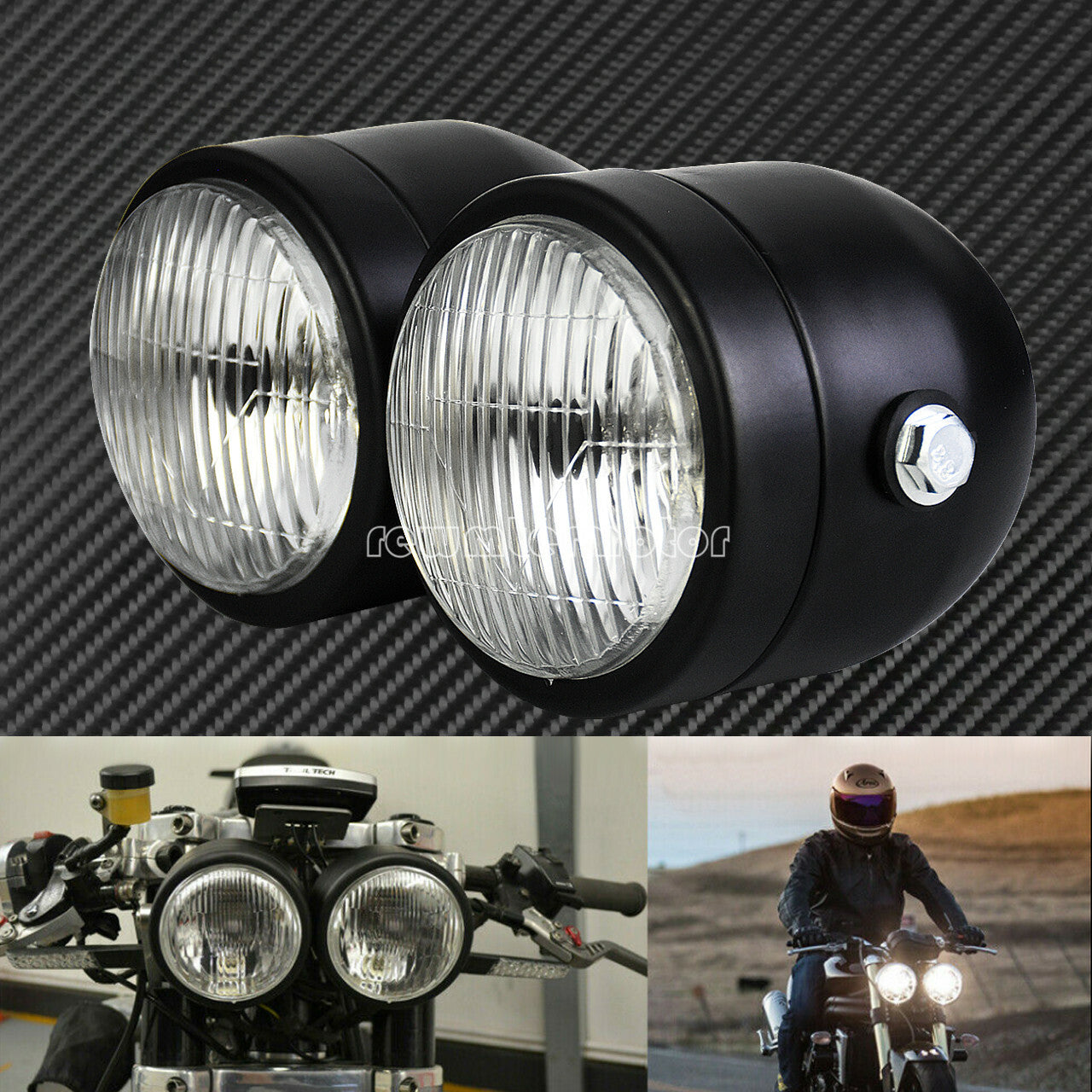 Black Twin Headlight Motorcycle Double Dual Lamp Street Fighter Universal Racer