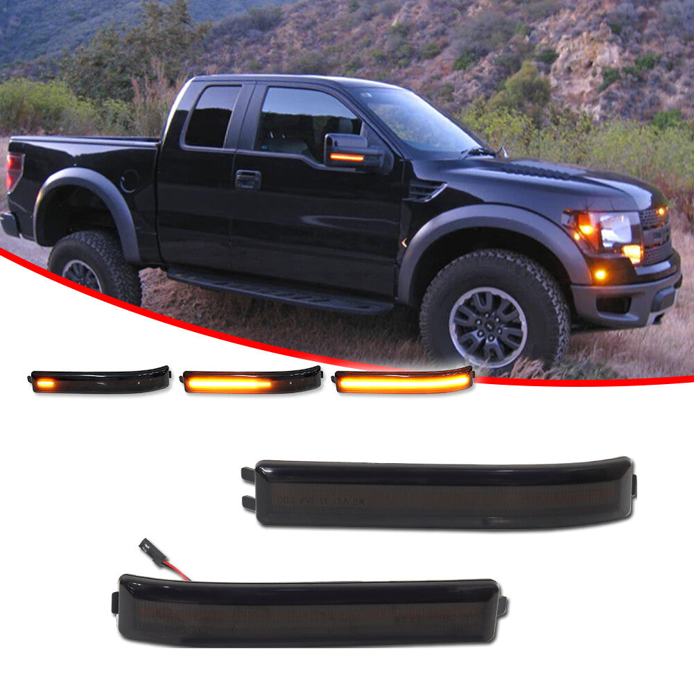 Two-piece smoked lens mirror LED side light turn signal reflector for Ford F-150 09-14