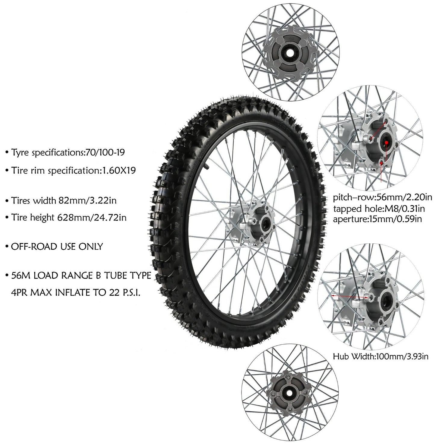 19-inch front wheel 70/100-19 rim assembly for Pit Dirt bicycles 125cc, 150cc, 200cc