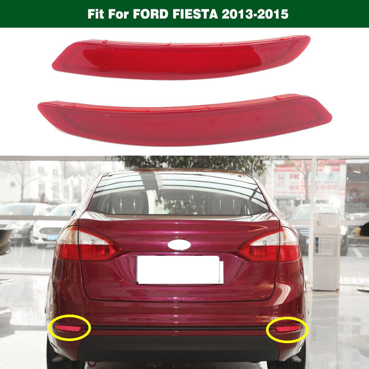 Red Lens Rear Bumper Reflector Lights L+R Pair for Ford Fiesta sedan 2013-2015