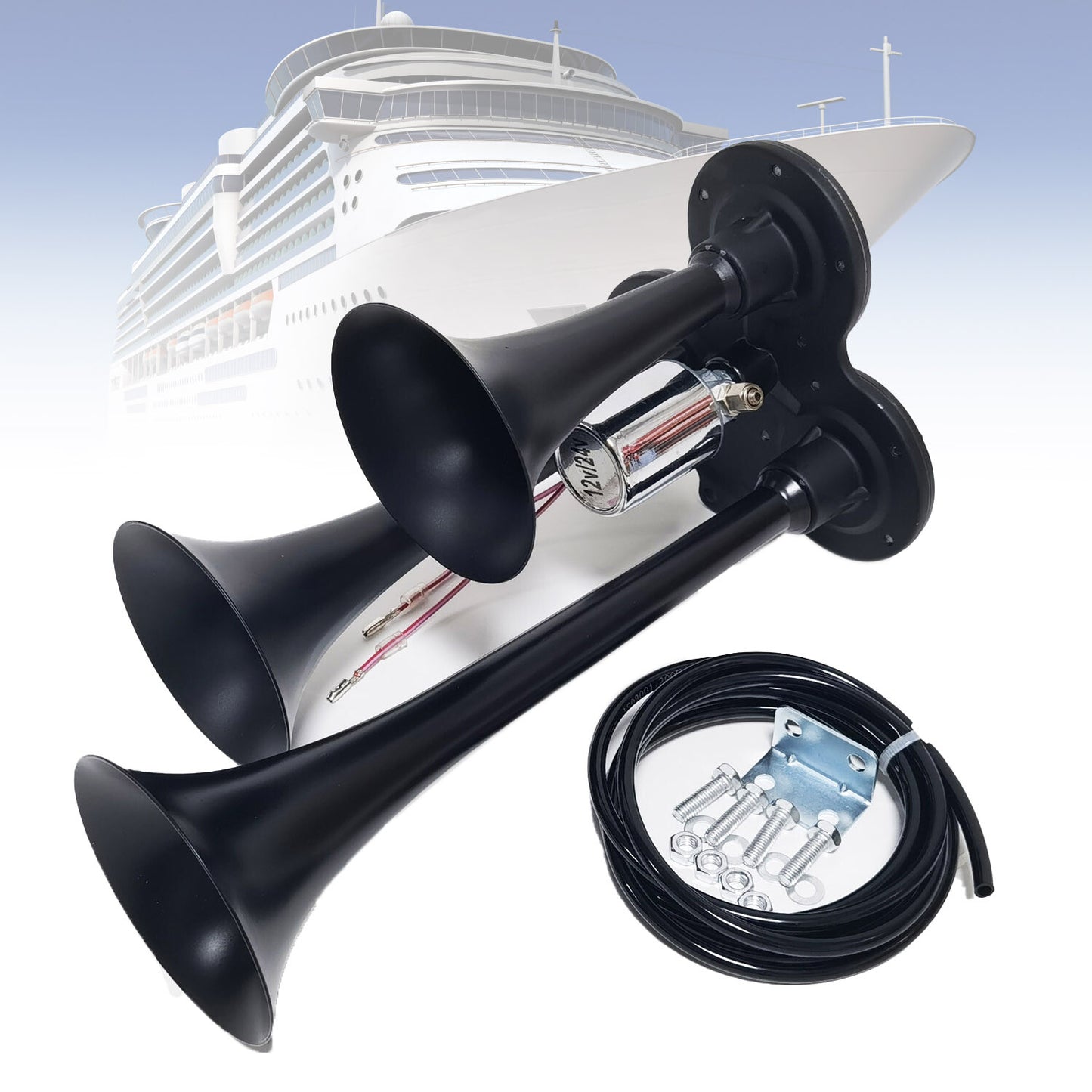 Train Air Horn Triple Trumpets Loud Sound for Car Truck SUV Black 12V 24V 300DB
