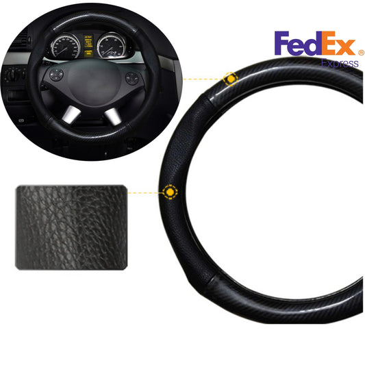 38cm Car Steering Wheel Cover Trim Carbon Fiber Black Leather Non-Slip w/ Mark