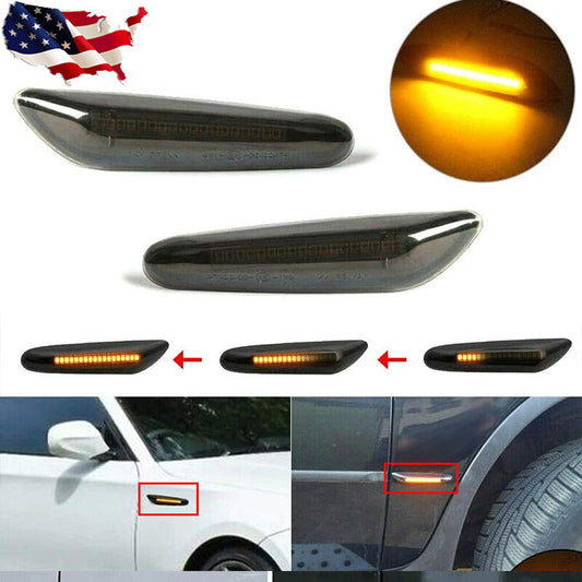 Two sequential smoked turn signals for BMW E90, E91, E92, and E93 LED markings.