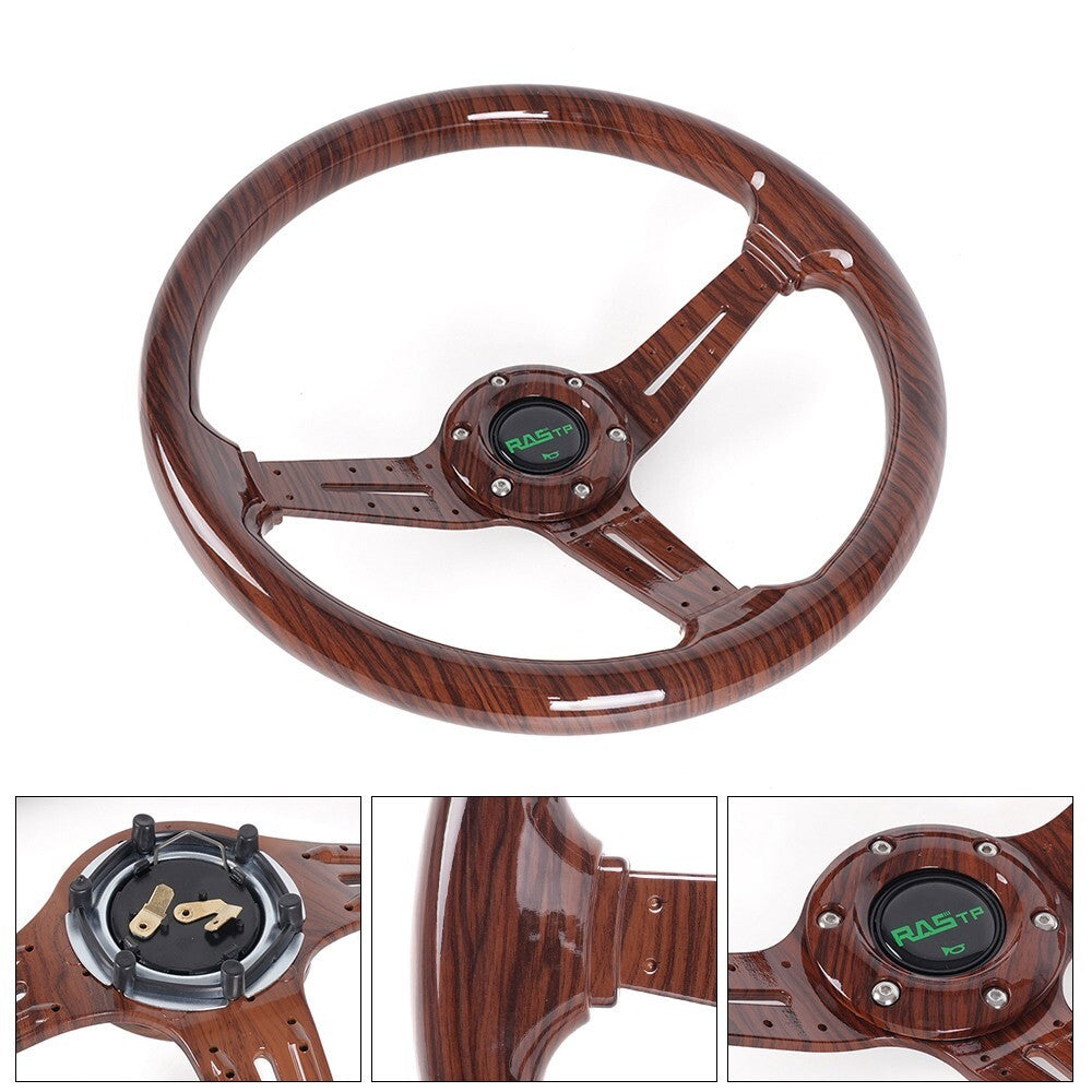 14INCH Universal Racing Steering Wheel Dark Wood Grain Drifting Deep Dish 6 Bolt