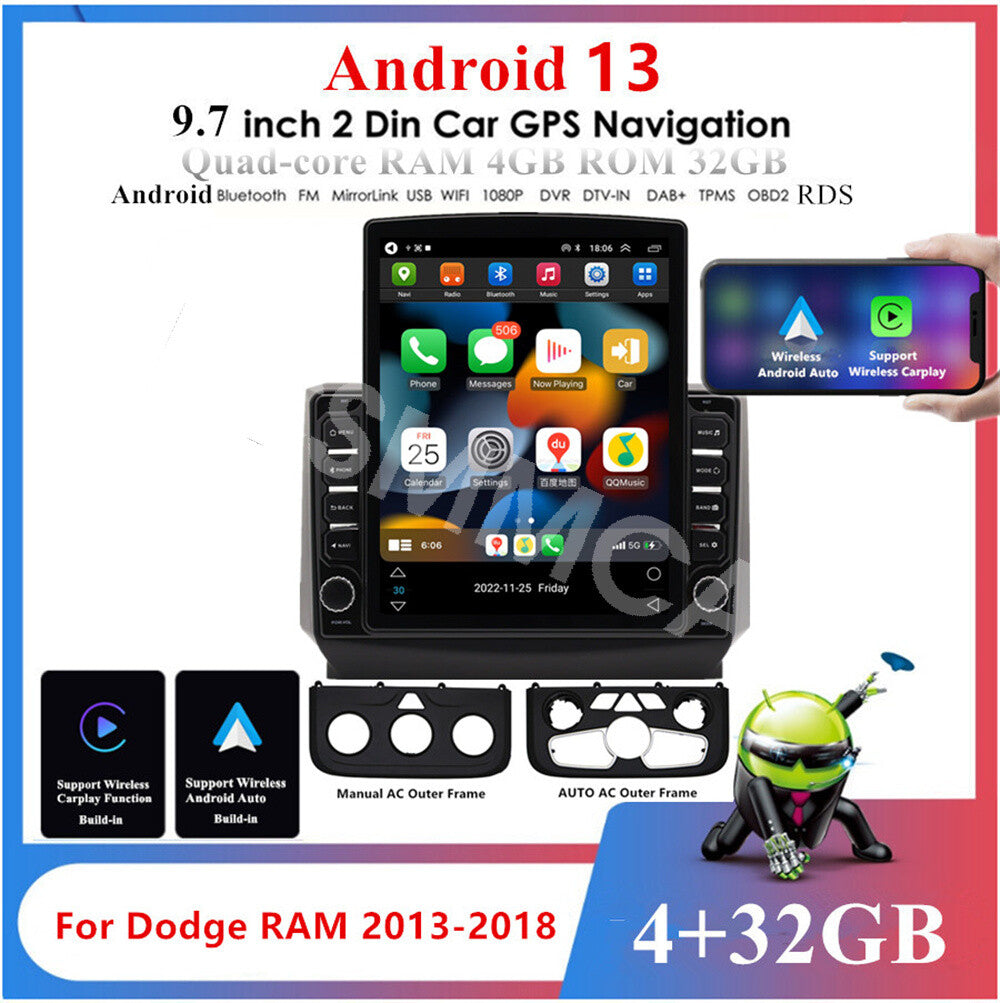 Fit for Dodge for RAM 3500 2013-2019 Radio W/Outer Frame Vertical Screen GPS 4+32GB