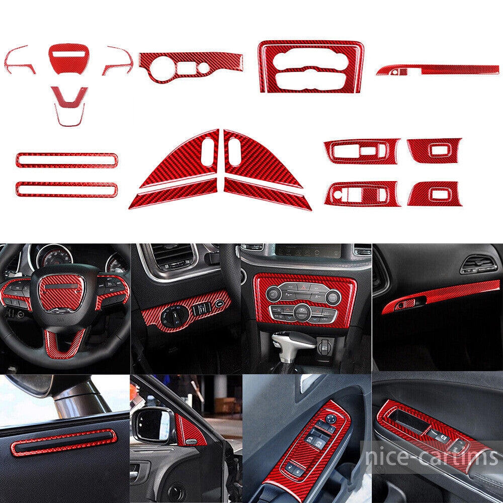 26Pcs for Dodge Charger 2015-20Red Carbon Fiber Interior Full Set Kit Trim Cover