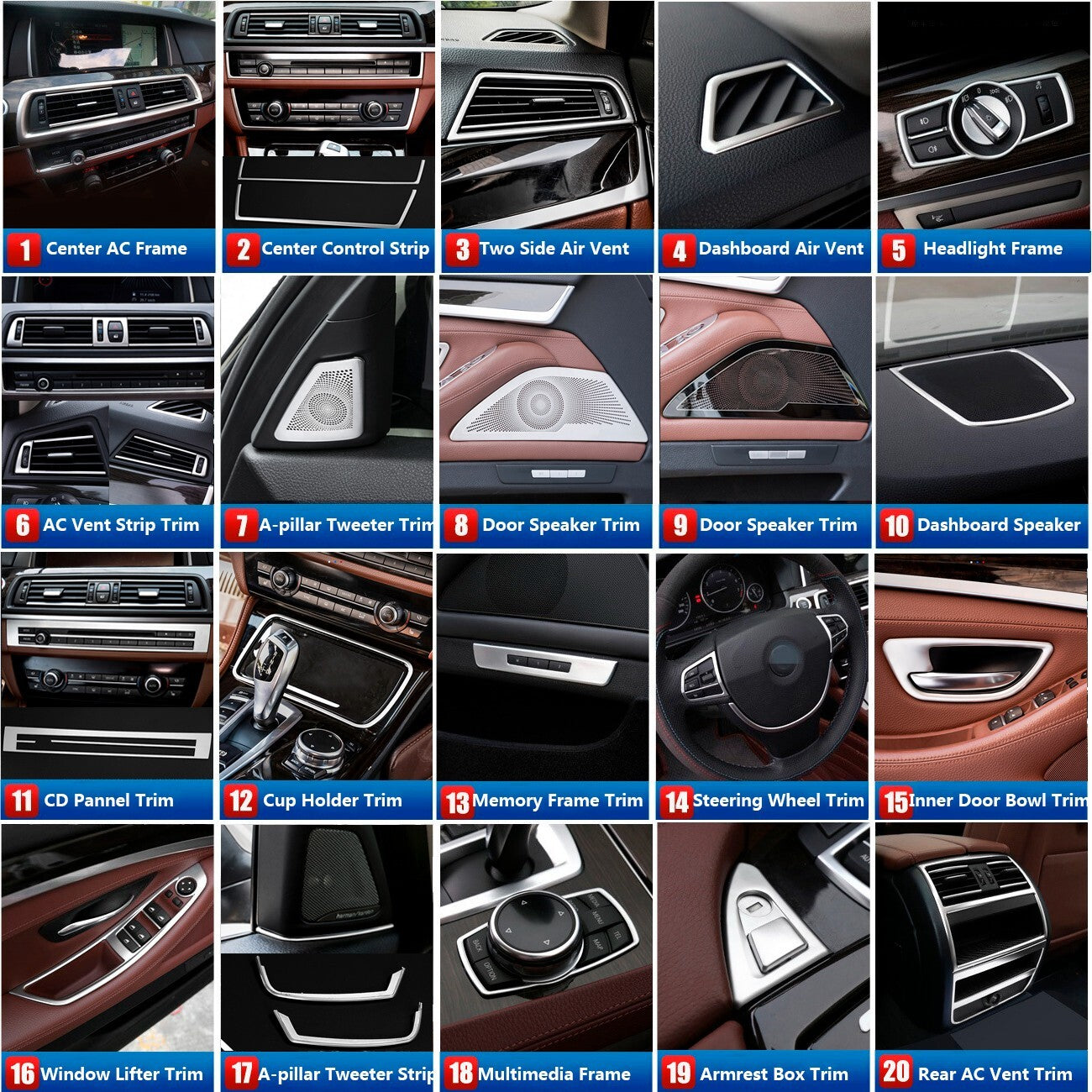 13x Stainless for BMW 5 Series F10 Car Center Console Air Vent Outlet Cover Trim