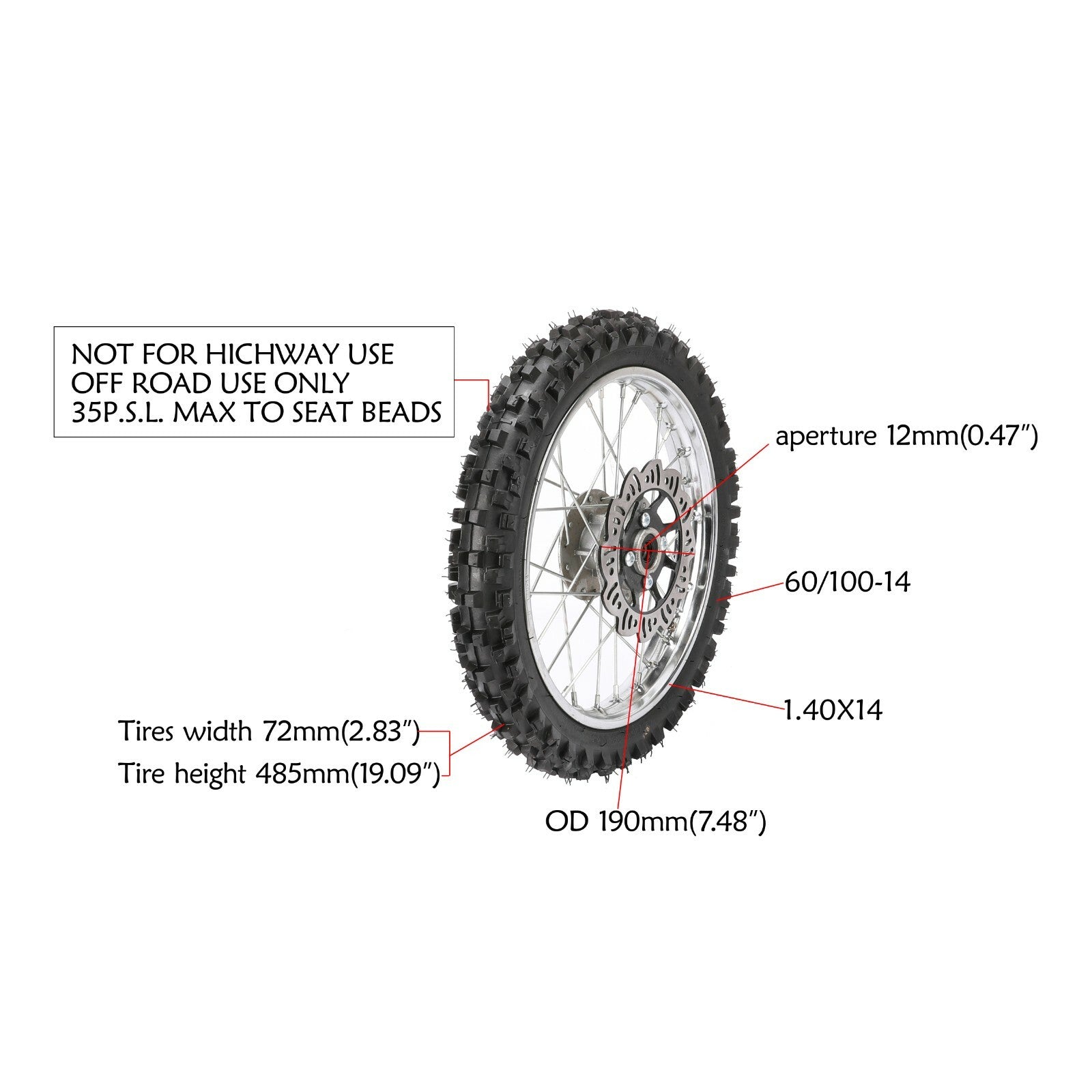 12mm 14-inch front rim with 60/100-14 Apollo SSR 125CC CRF 110cc Dirt Pit Bike