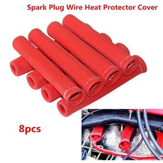 8Pc Car Red Engine Spark Plug Wire Heat Shield Boot Loom Sleeve Protector Cover