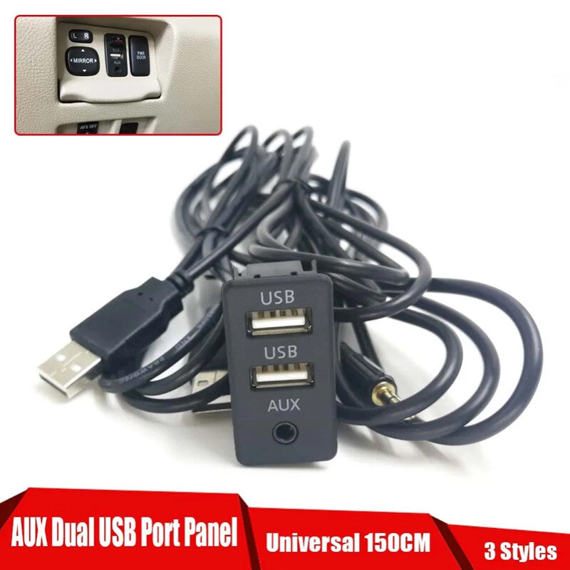 Car Extension AUX 2 USB Charger Port Panel Dual USB Expansion Adapter Cable Kit