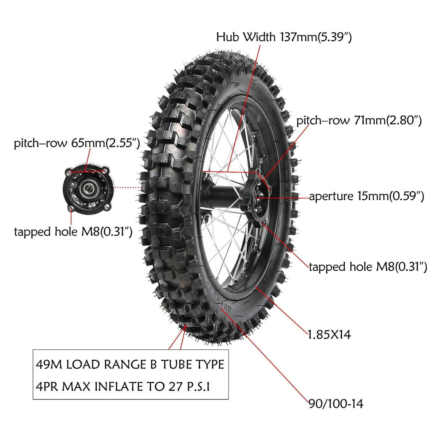 14-inch rear wheel swingarm kit, 90/100-14 tires, rims, and a Taodao Apollo 110/125cc bicycle.