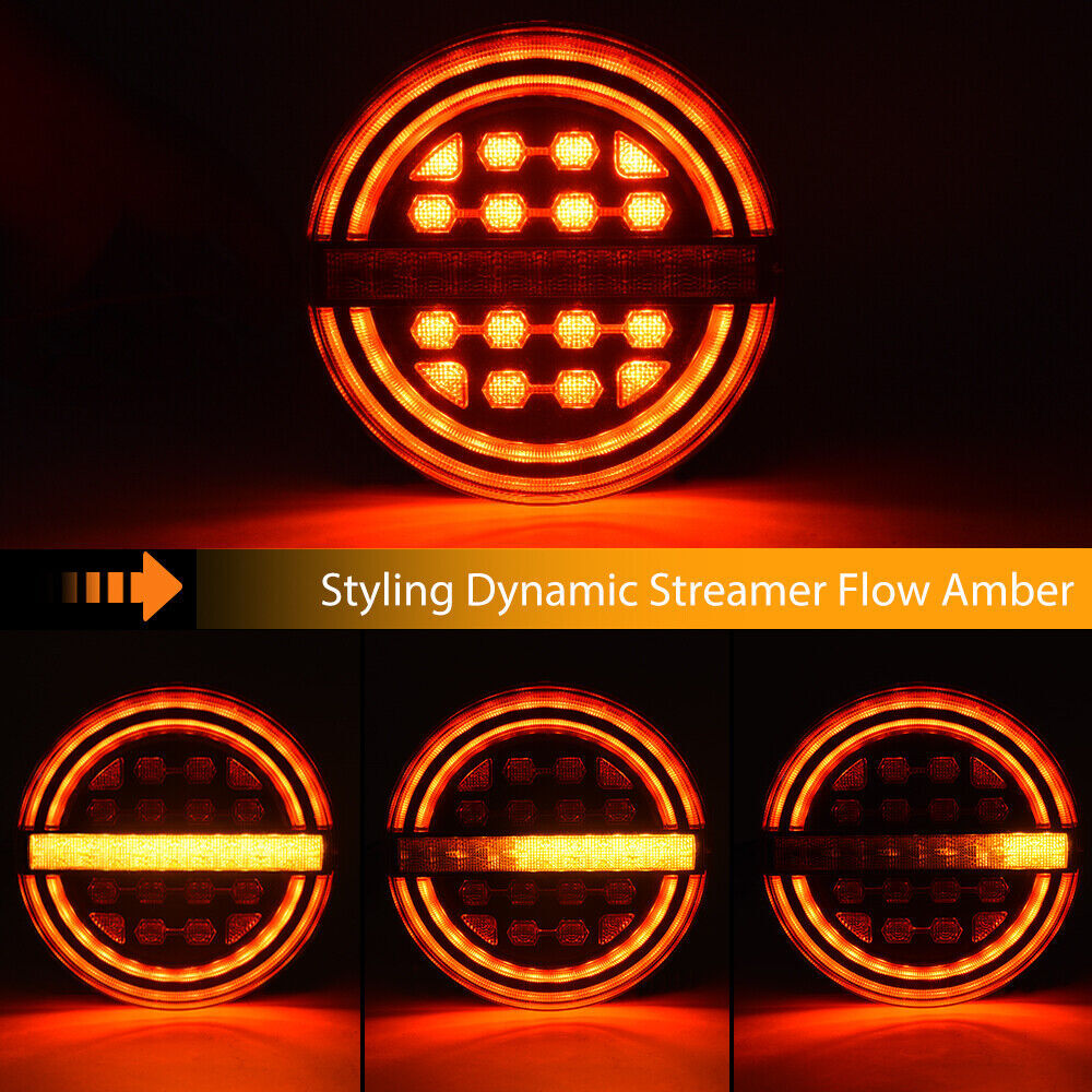 2-Pack LED Waterproof Round Trailer Truck Tail Lights in Amber Color - Traffic Flow Turn Signals