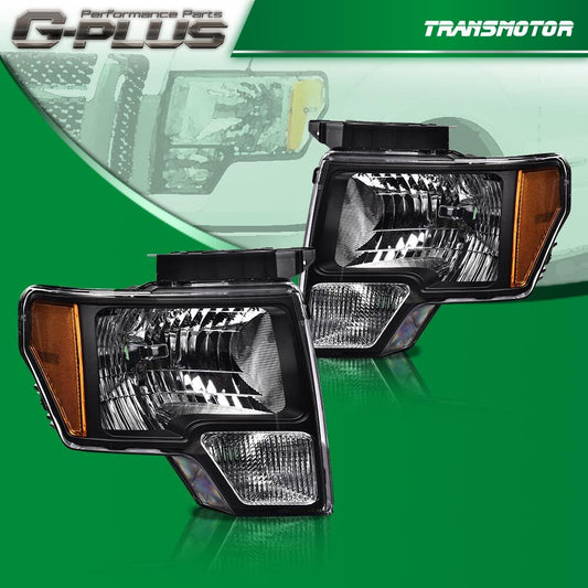 A pair of black factory-style lens headlights for 2009-2014 for Ford F-150s: Left + Right