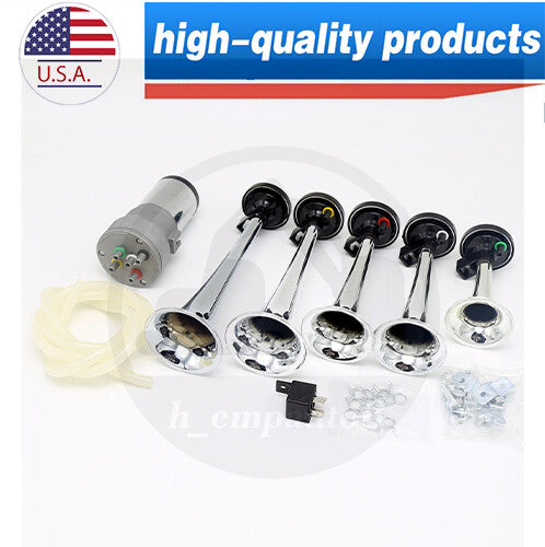 5Pcs Musical Air Horn w/ Chrome Color 12V 300DB Loud 5 Trumpet Dixieland