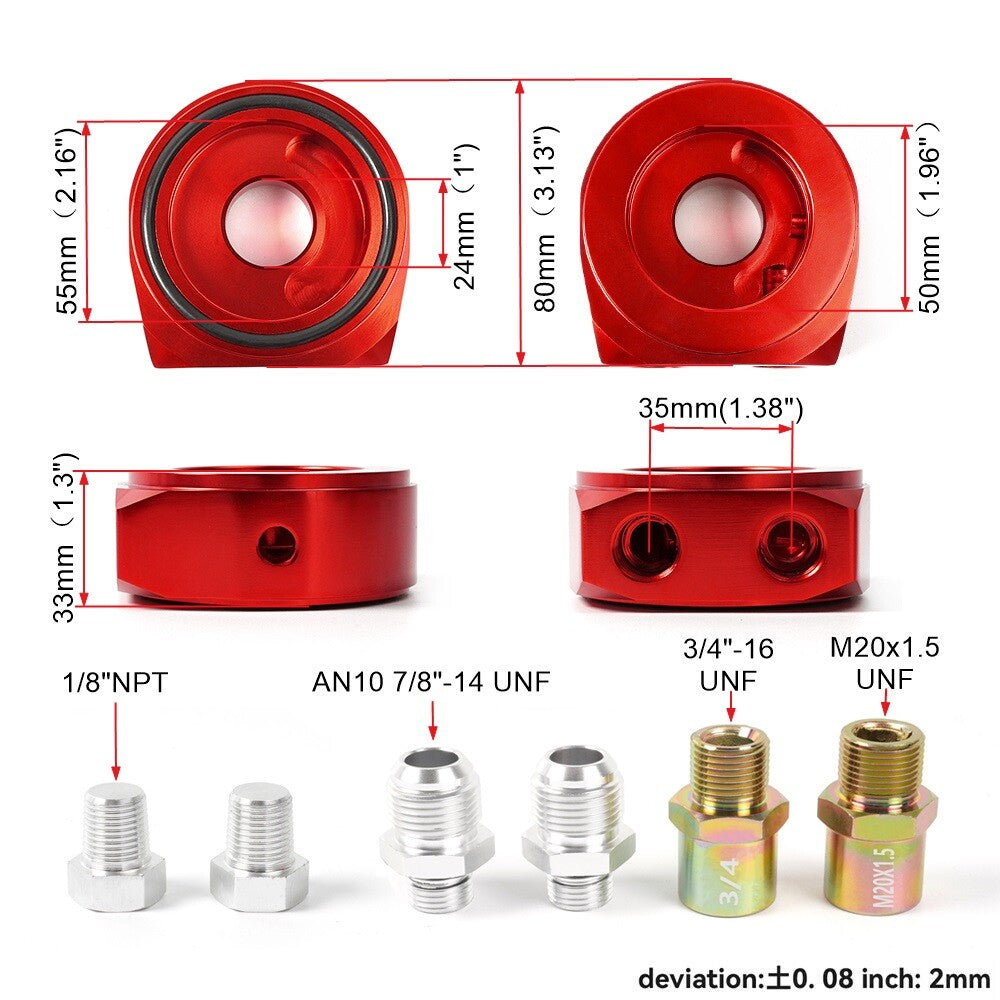Red Aluminum Oil Filter/Cooler Sandwich AN10 Block Adapter Gauge Sensor Plate