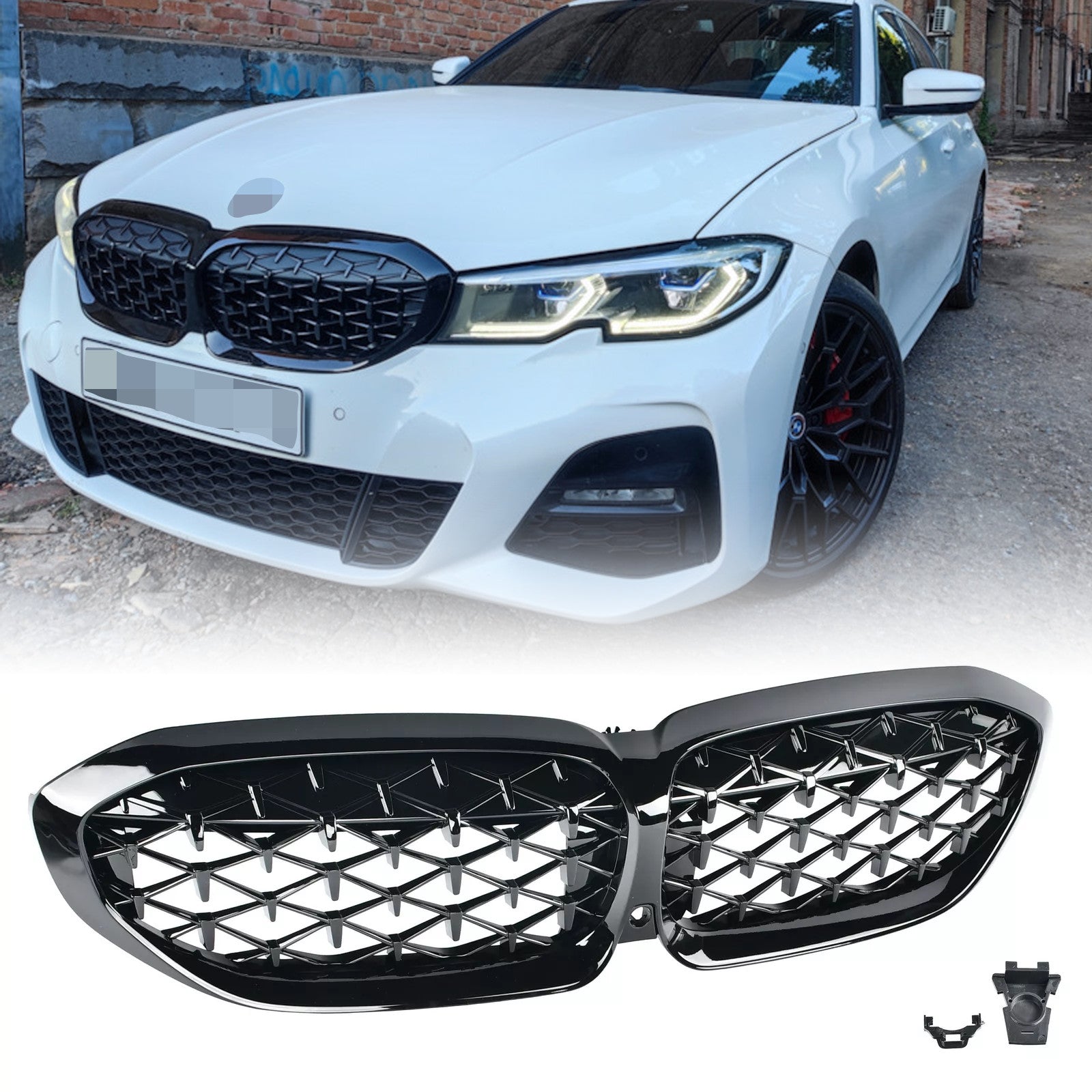 Glossy Black Front Kidney Diamond Grills Grille For 2019-2022 for BMW G20 330i M340i