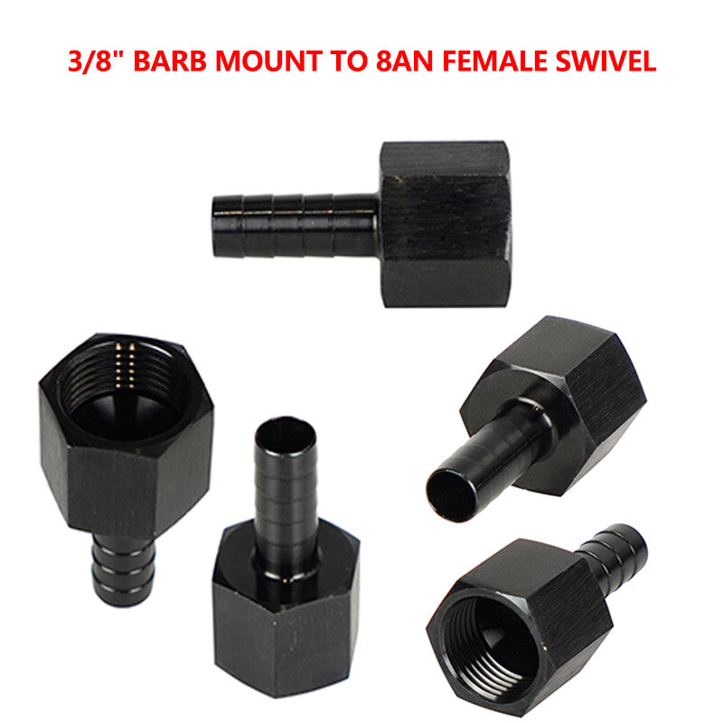2-piece connector hose end straight 3/8 inch Barb to 8AN female rotary aluminum anodized