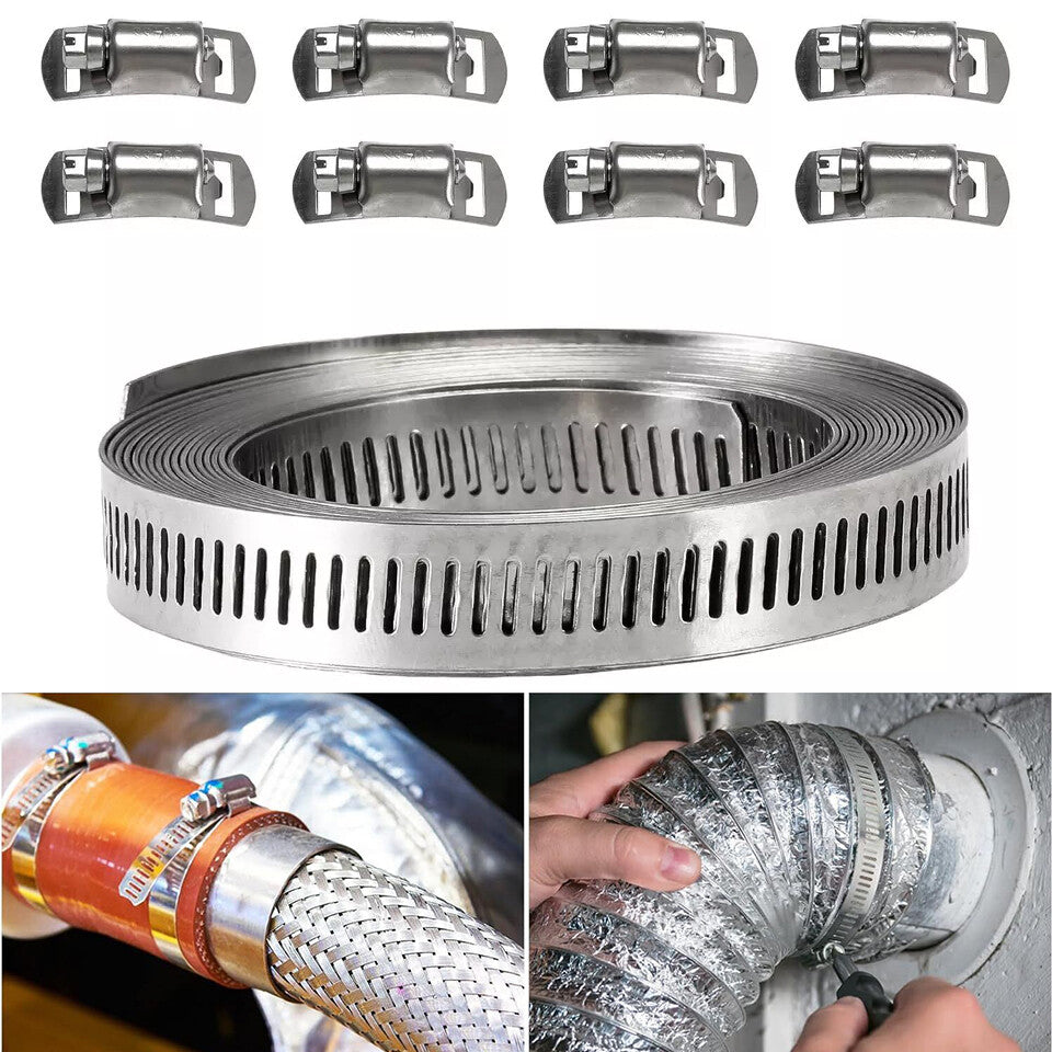 11.5ft Adjustable Large Hose Clamp Worm Gear Stainless Steel Clamp + 8 Clips