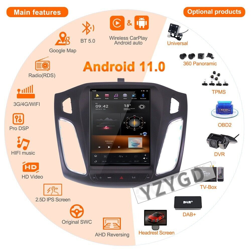 for Ford Focus 2012-2018 Stereo Android Car Radio CarPlay Receiver Screen 128GB