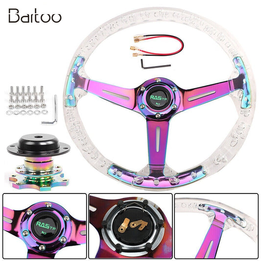 350mm 14 Deep Dish Acrylic Racing Steering Wheel Neo Chrome +Quick Release