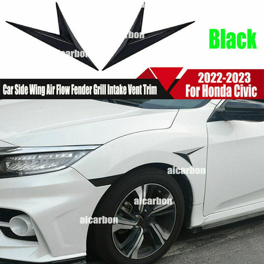 Black Side Wing Air Flow Fender Grill Intake Vent Decor Trim for Civic 2022-2023