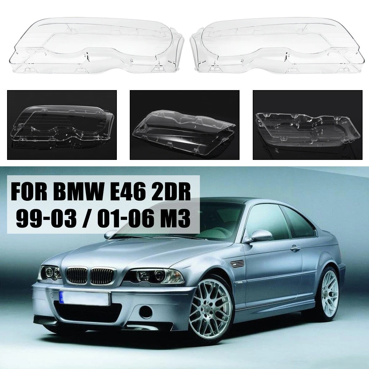 A pair of headlight lens covers for 1999-2003 for BMW E46 2DR M3 (pre-installed).