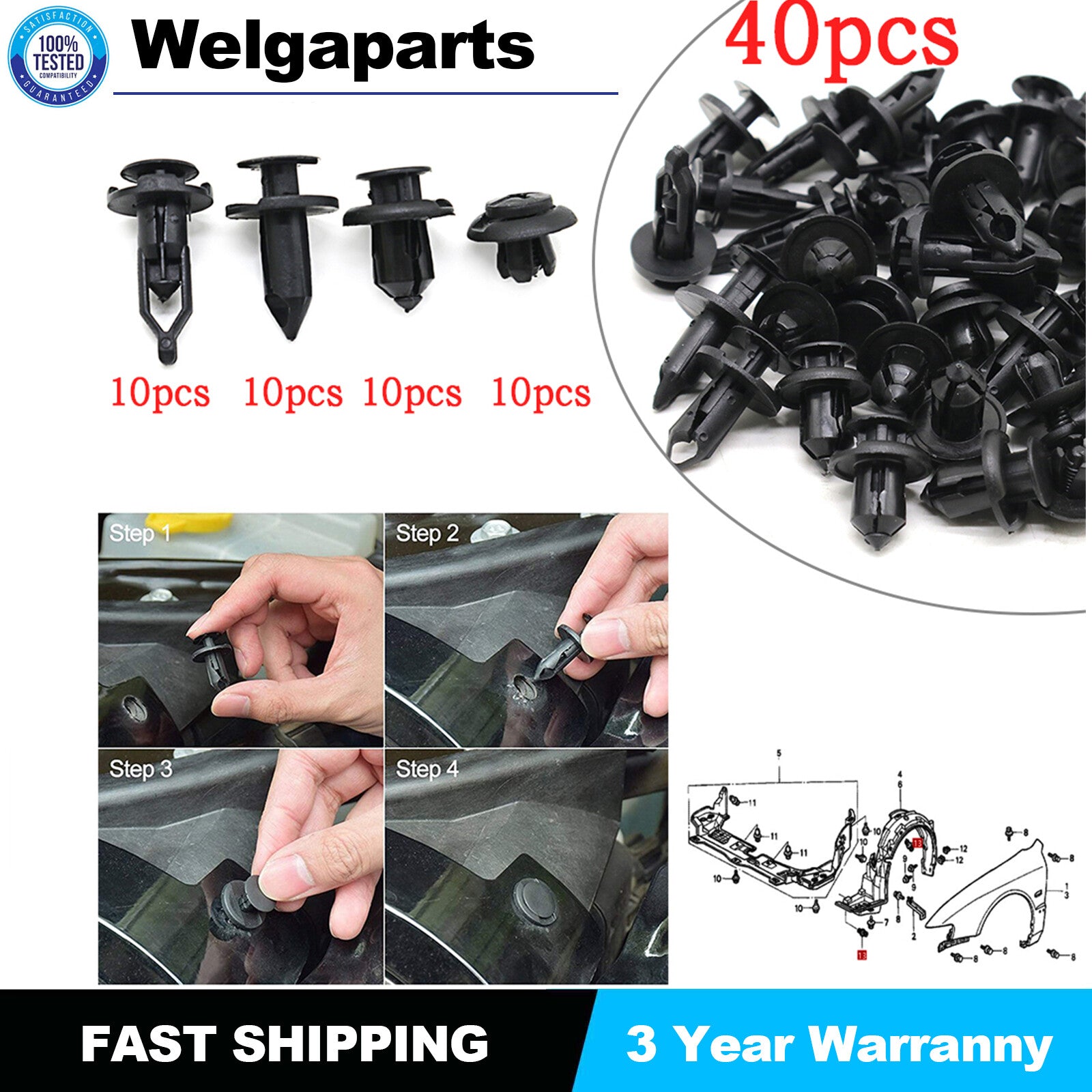 40X Car Push Rivet Fastener Retainer Pin Body Bumper Trim Moulding Clips Plastic