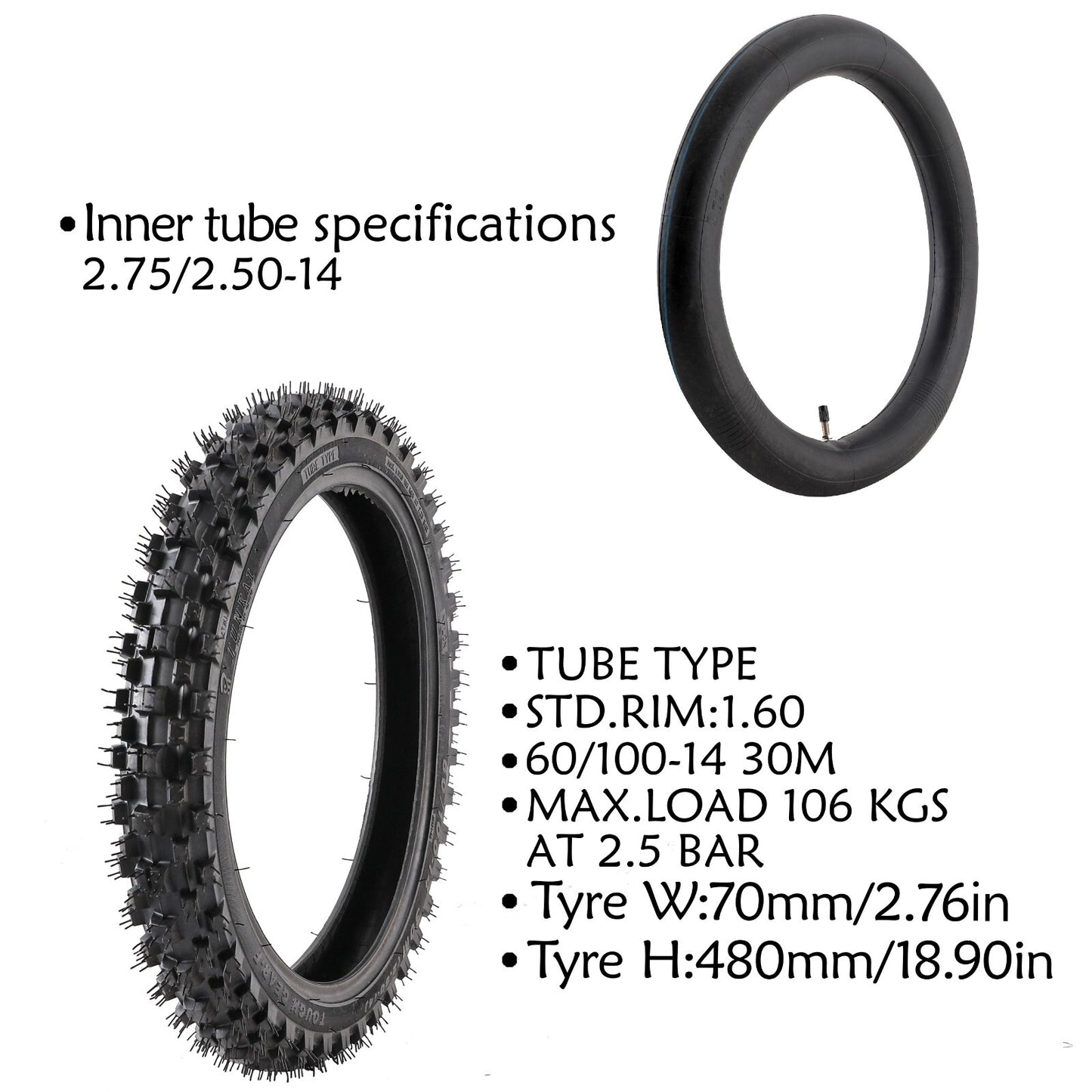 60/100-14 front tire + inner tube for TTR110 CRF70 Dirt Pit Trail bikes