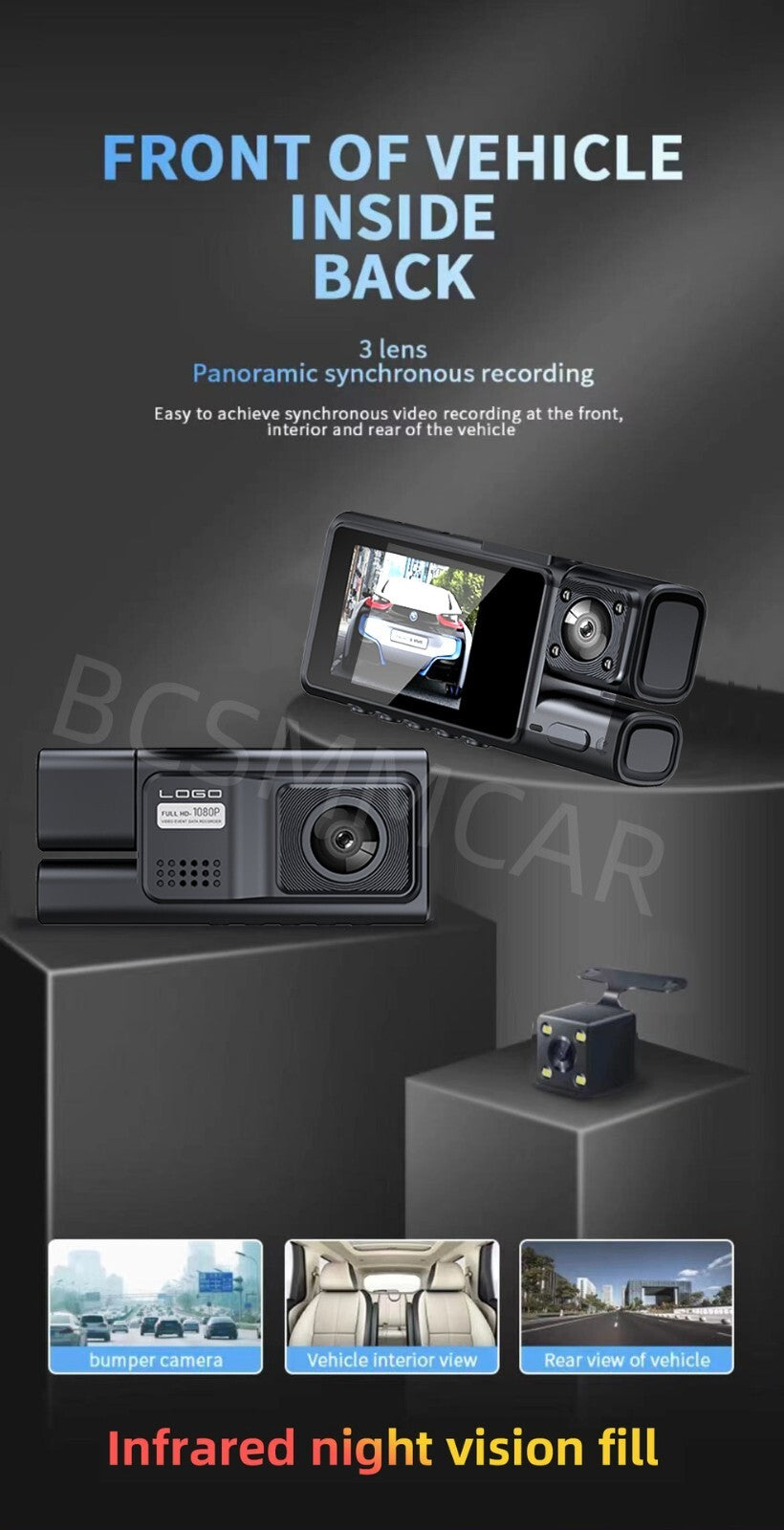 3 Lens HD 1080P Dash Cam Car DVR Front Inside Rear Camera Night Vision G-sensor
