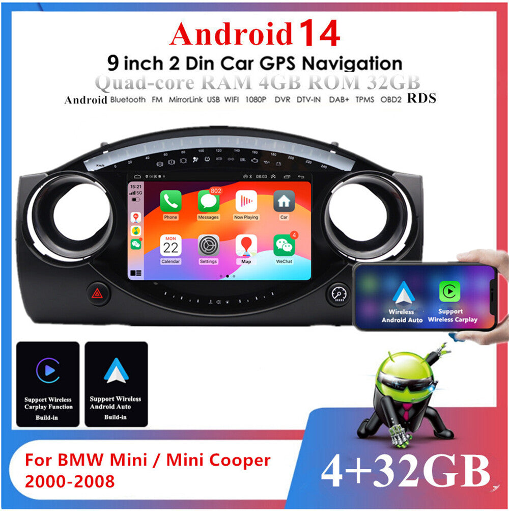 9Android 14 Car Stereo Radio Navigation for BMW for Mini / for Mini Cooper 2000-2008
