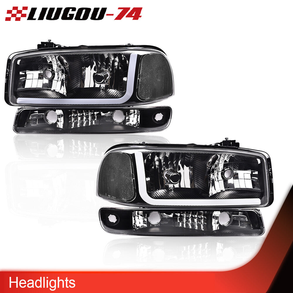 Suitable for 1999-2007 for GMC for Sierra for Yukon LED DRL headlights with turn signals, black/clear.