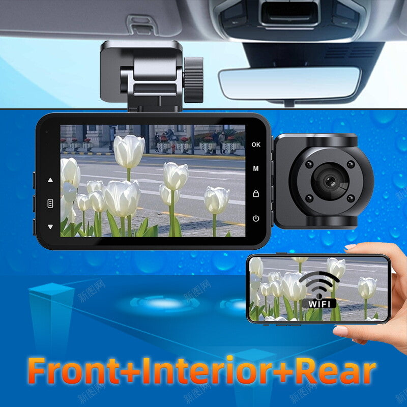 Wifi Car DVR 3 Lens Dash Cam Video Recorder G-Sensor Front Inside Rear Camera