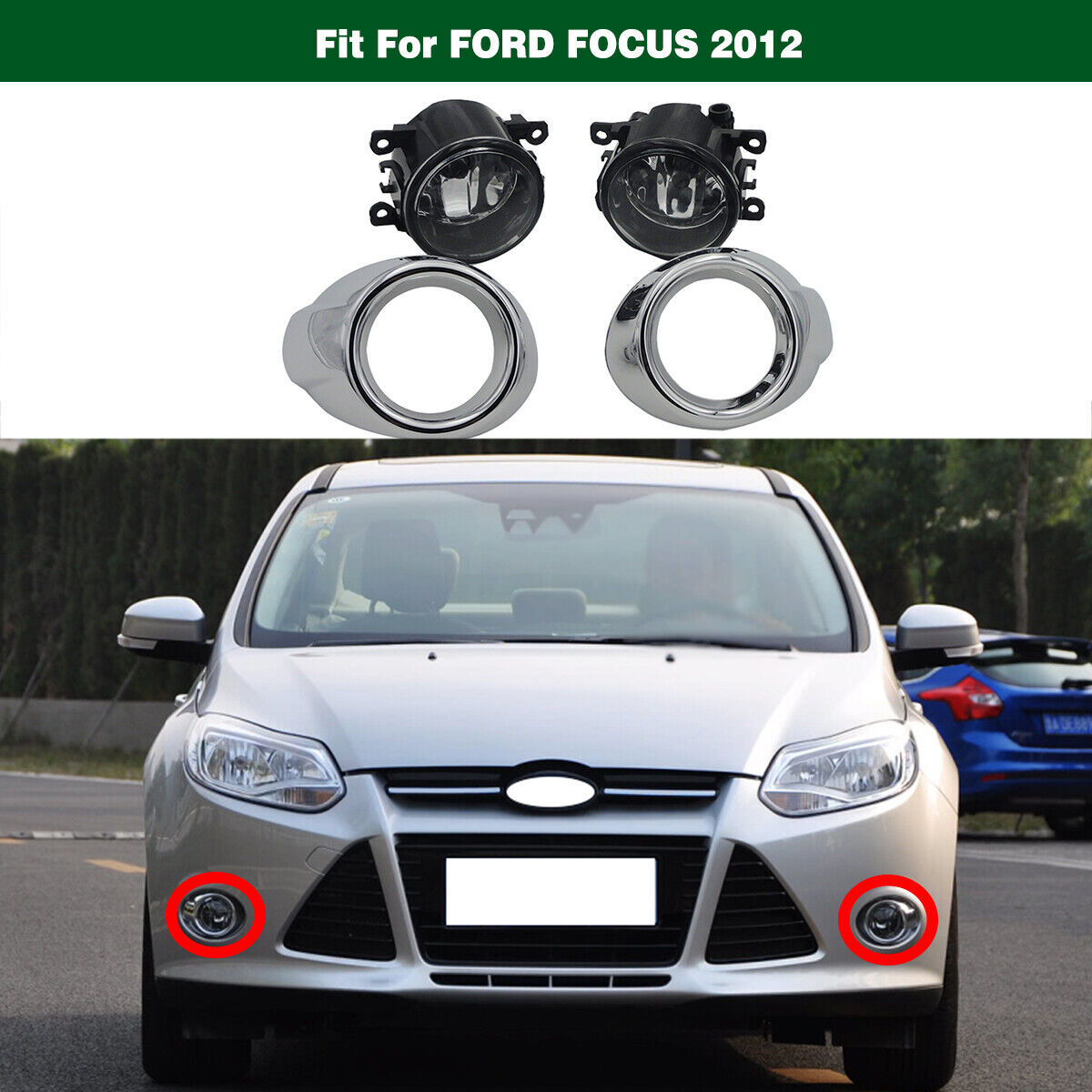 Front Clear Fog Lights Lamps w/ Chrome Cover+Bulbs Fit for Ford Focus 2012-2014