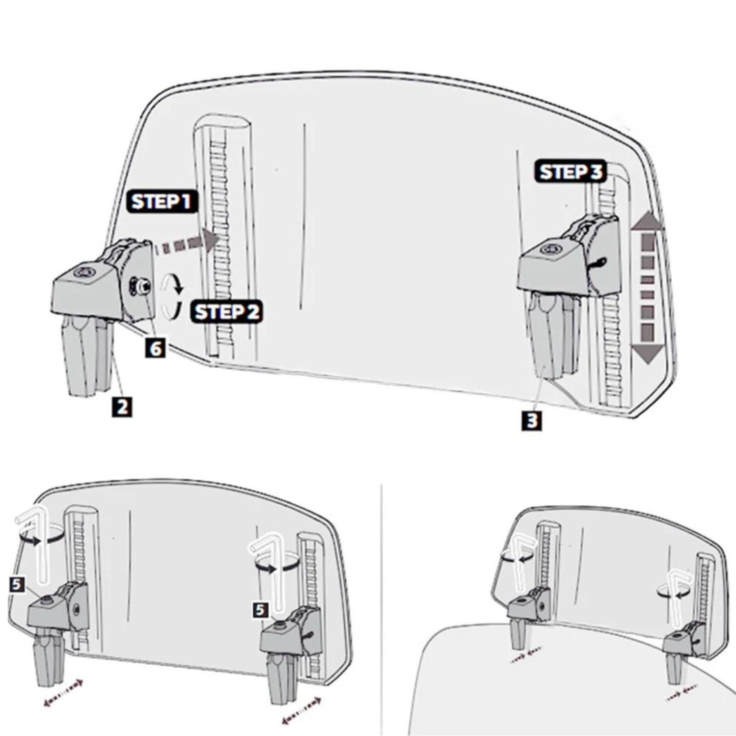 Motorcycle transparent windshield clip kit, windshield deflector, extended boiler