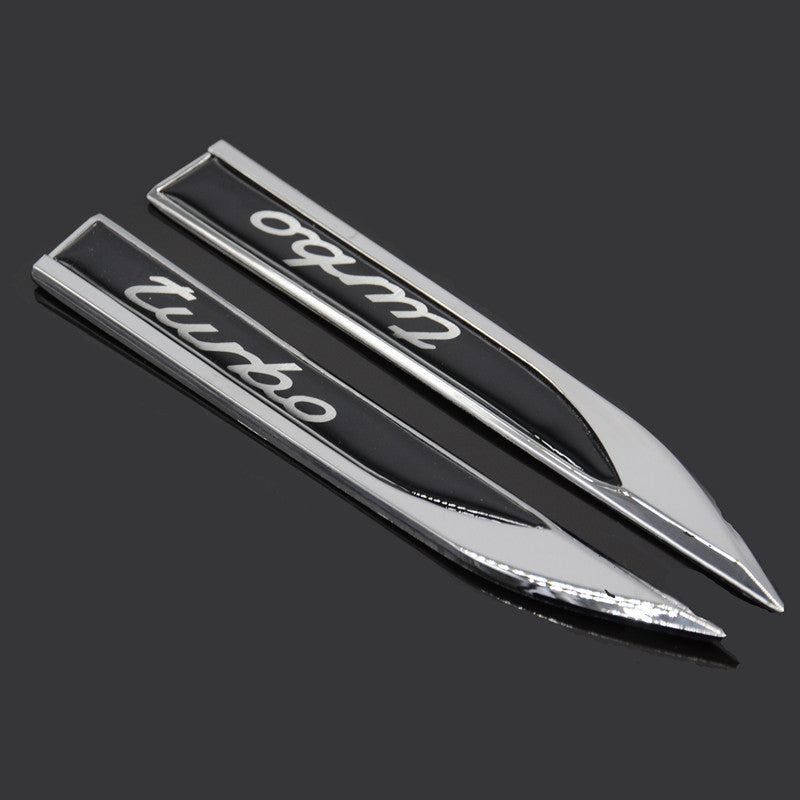 2 Pcs Black TURBO Logo Car Blade Dagger Sticker Metal Emblem Body Fender Badge